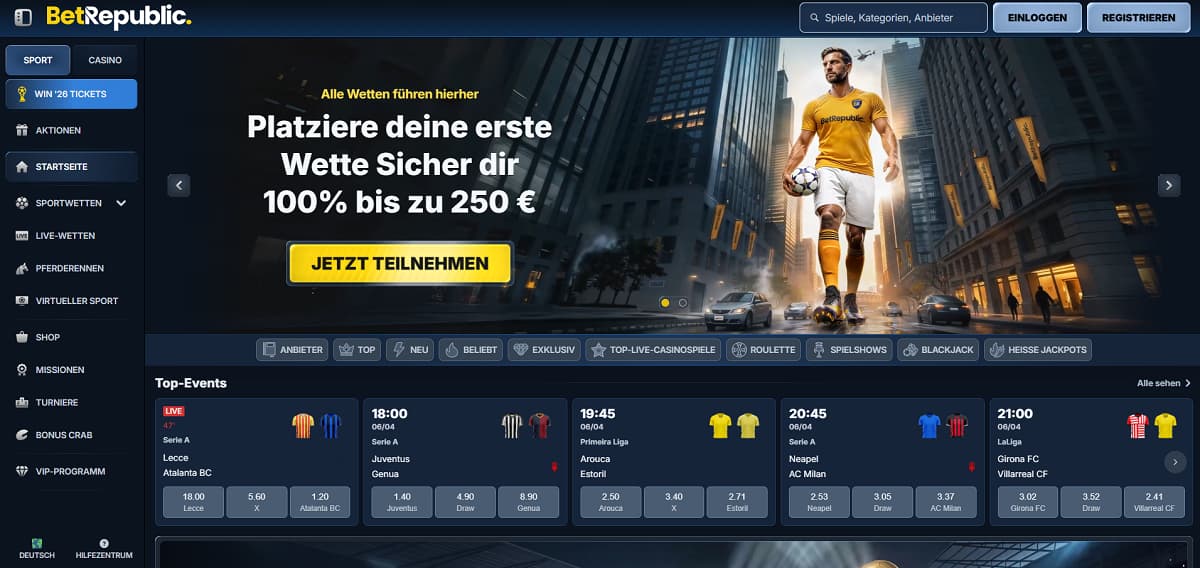 Wer nach dem höchsten Startvorteil sucht, findet bei Betrepublic als wettanbieter ohne oasis einen 250 % Bonus bis zu 2.000 Euro sowie die Freiheit, Gewinne schnell und anonym via Krypto auszuzahlen.