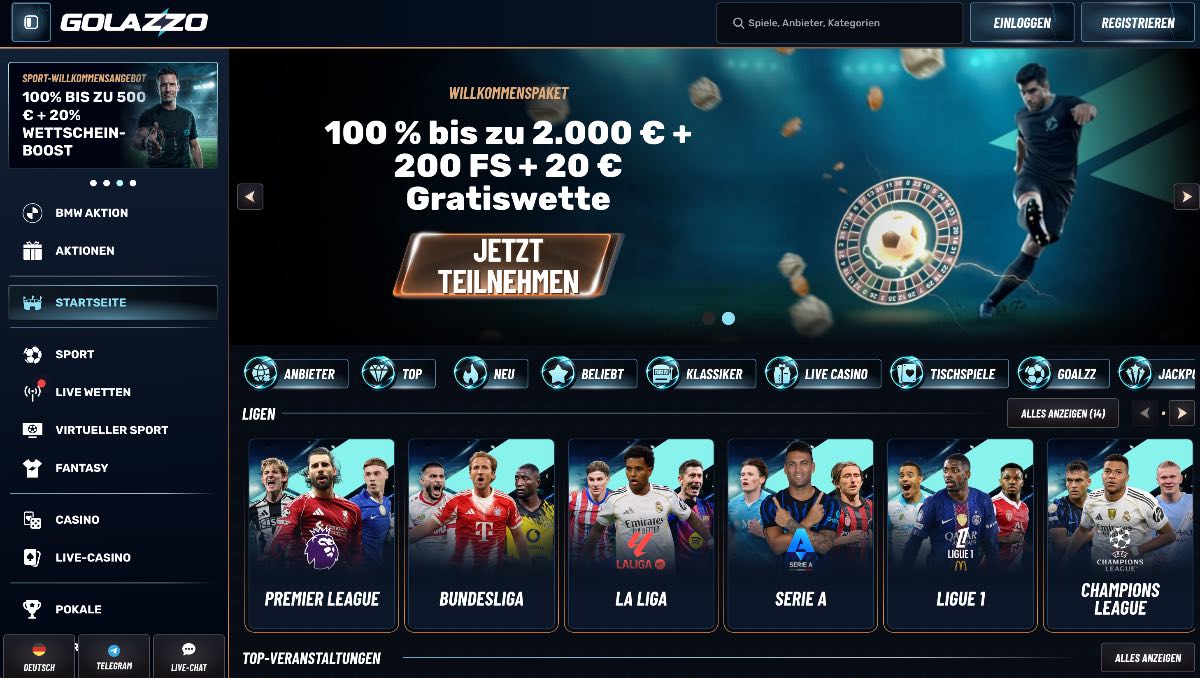 Golazzo ist der ideale wettanbieter ohne oasis für Fußball-Fans, die neben einem massiven Bonus von bis zu 3.000 Euro auch eine beeindruckende Auswahl von über 3.500 Casinospielen genießen möchten.