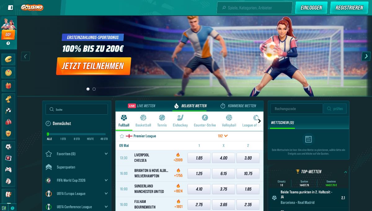 Golisimo sticht als einzigartiger wettanbieter ohne oasis hervor, da er neben klassischen Sportwetten einen dedizierten eSports-Bereich sowie motivierende Gamification-Elemente für ein modernes Wetterlebnis bietet.